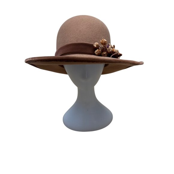 Vintage Carol Carr Brown Wool Hat Floral Accents & Ribbon Detail Made In USA main image 5